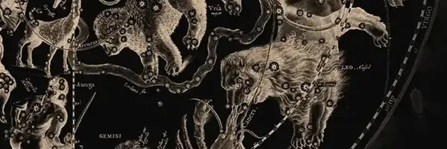 Cellarius'un gök atlasından Aslan burcunun bulunduğu bölüm; takımyıldızı figürleri ve burcun Latince adı (LEO) görünüyor.