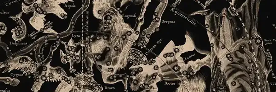 Cellarius'un gök atlasından bir bölüm: takımyıldızı figürleri ve yıldız noktaları, gravür.