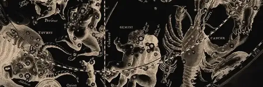 Cellarius'un gök atlasından İkizler burcunun bulunduğu bölüm; takımyıldızı figürleri ve burcun Latince adı (GEMINI) görünüyor.