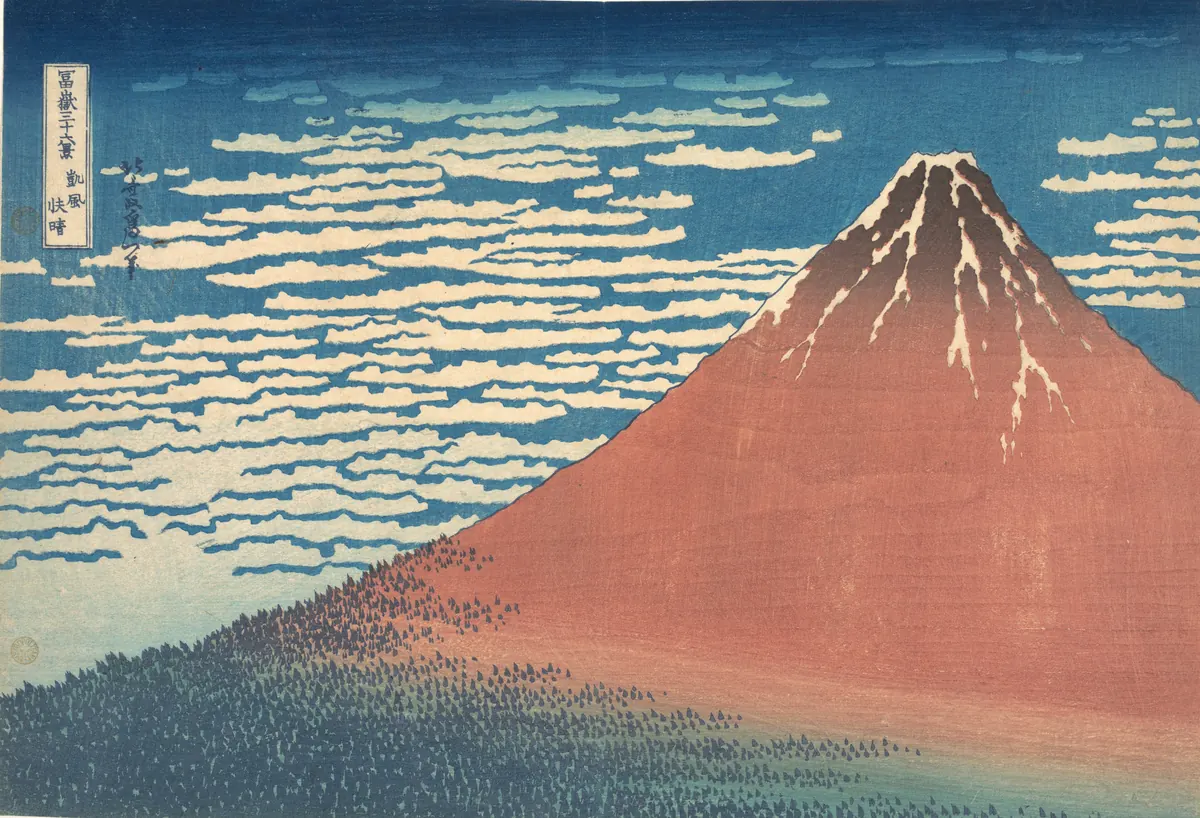 Mavi gökyüzünde pul pul bulutların önünde yükselen kızıl Fuji Dağı. Japon ahşap baskısı.