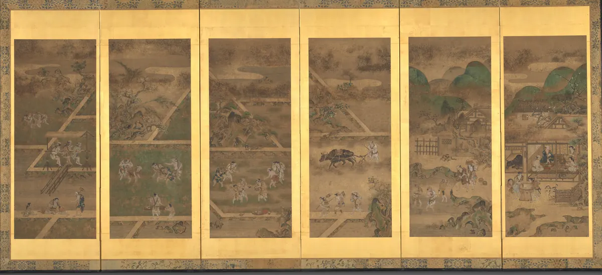 Çiftçilerin yılın on iki ayındaki işlerini gösteren, altın zeminli altı panelli Japon katlanır paravan.